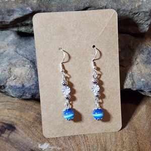 Hand Crafted Silver Toned and Blue Cat Eye Glass Beads Dangle Earrings